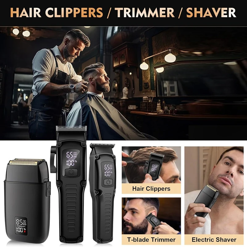 Gunting Rambut Profesional Pria, Gunting Rambut 3 In 1 Pemangkas Jenggot, dan Set Alat Cukur Listrik dengan Tampilan LED