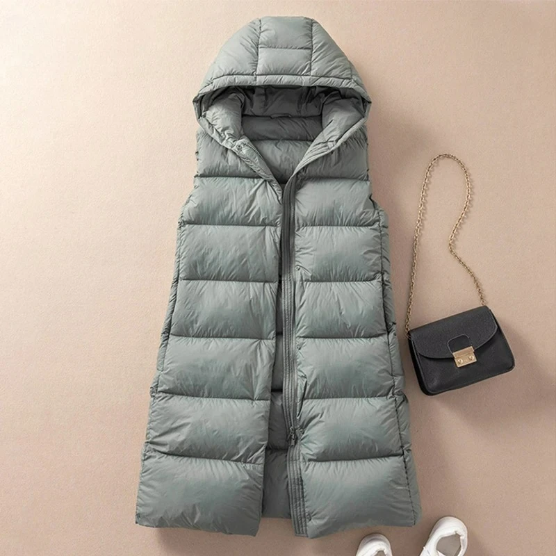 New Winter Women's Long Waistcoat Ultra Light 90% White Duck Down Vest With Hooded Female Warm Sleeveless