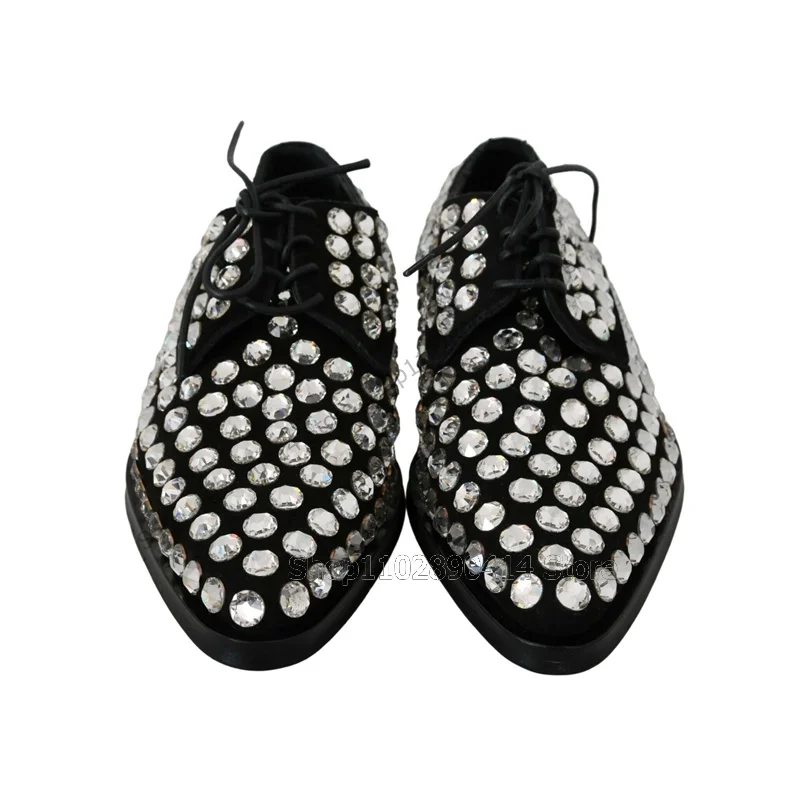 Silver Crystal Decor Black Pointed Toe Men Shoes Fashion Lace Up Male Shoes Luxury Handmade Party Feast Wedding Men Dress Shoes