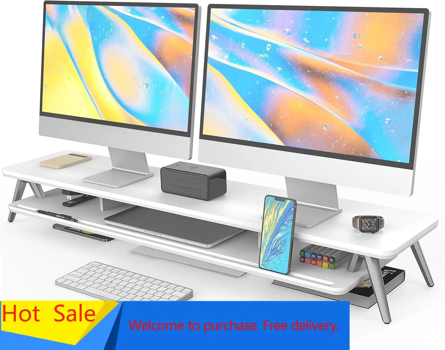 

Dual Monitor Stand, Monitor Stands Riser for 2 monitors, 42.5 Inch Wood Desk Shelf with Storage Organizer and Cable Management f