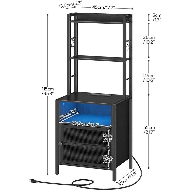 -High Bedside Table Storage Cabinet With Charging Station LED Light