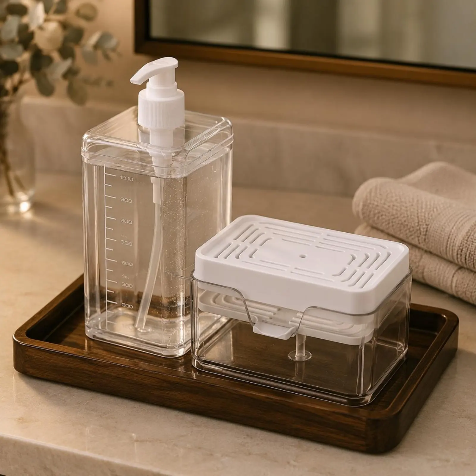 

2 Pieces Press Soap Dispenser Transparent Body Drain Basket Soap Dispenser Bathroom Storage for Sink