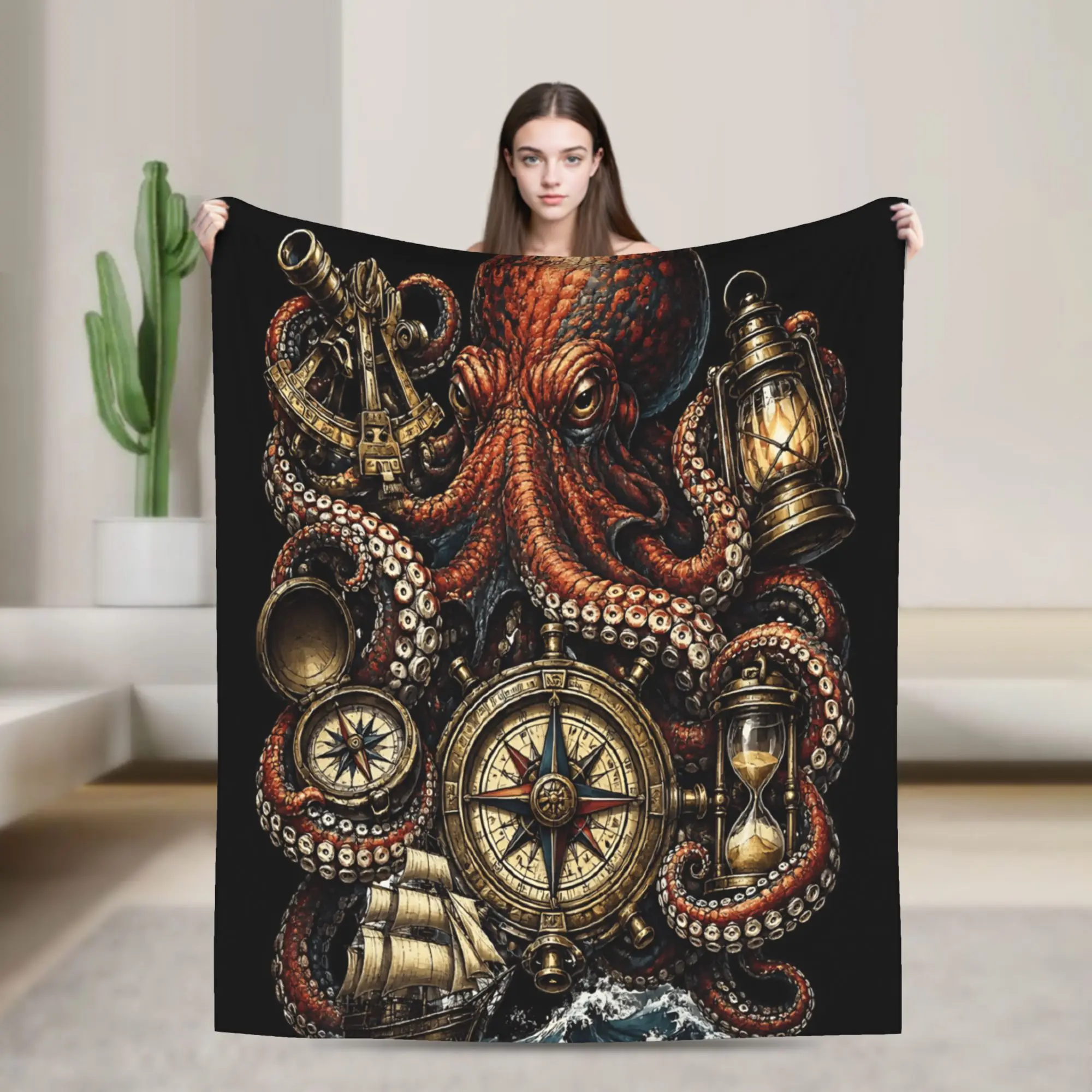 Octopus Nautical Cozy Blanket For Home Decor  Casual Bedding Throws Winter Plane Travel Flannel Bedspread