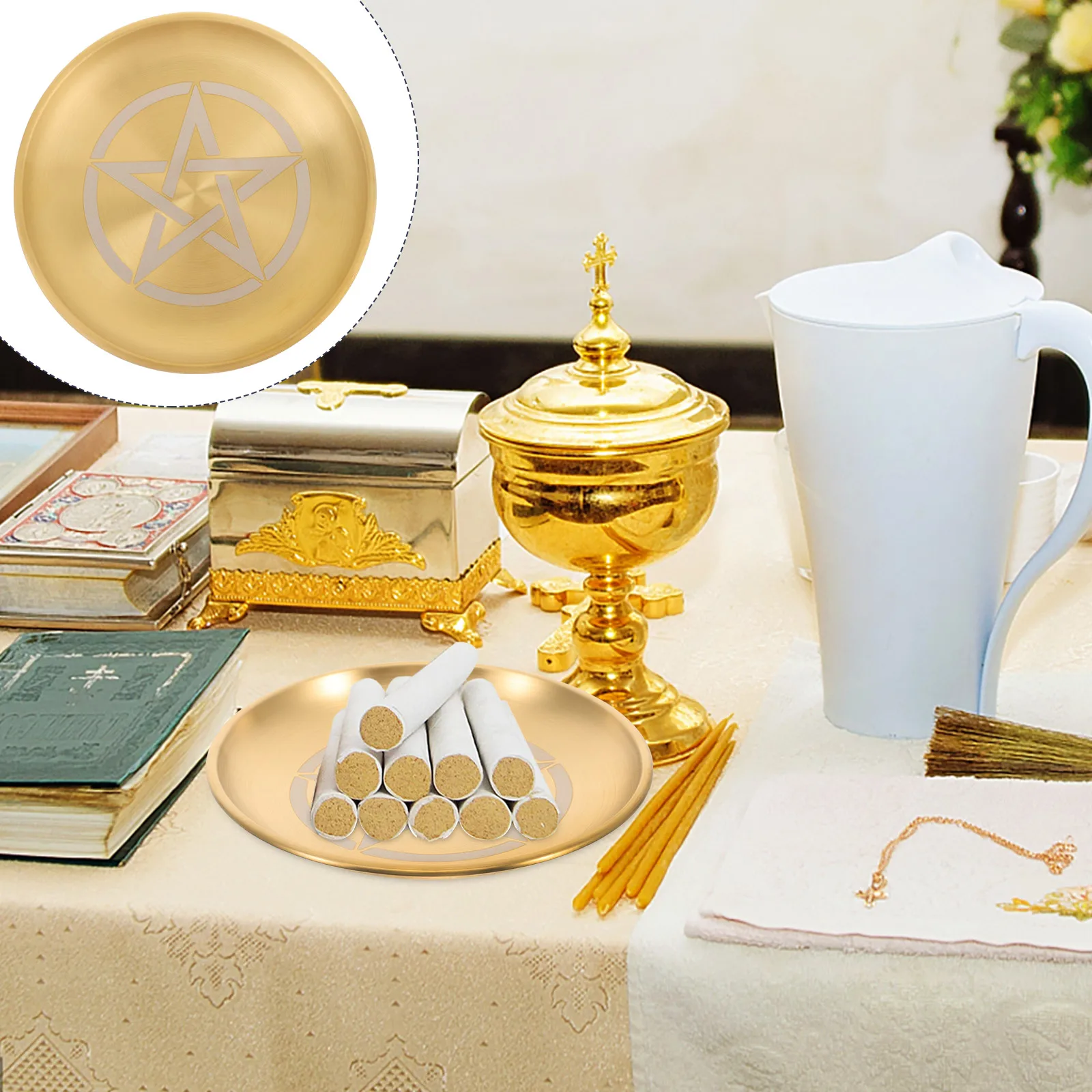 

Stainless Steel Pentagram Gold Plate Altar Tray Round Holder Storage Tray For Ceremonies Rituals Home Decorative Display