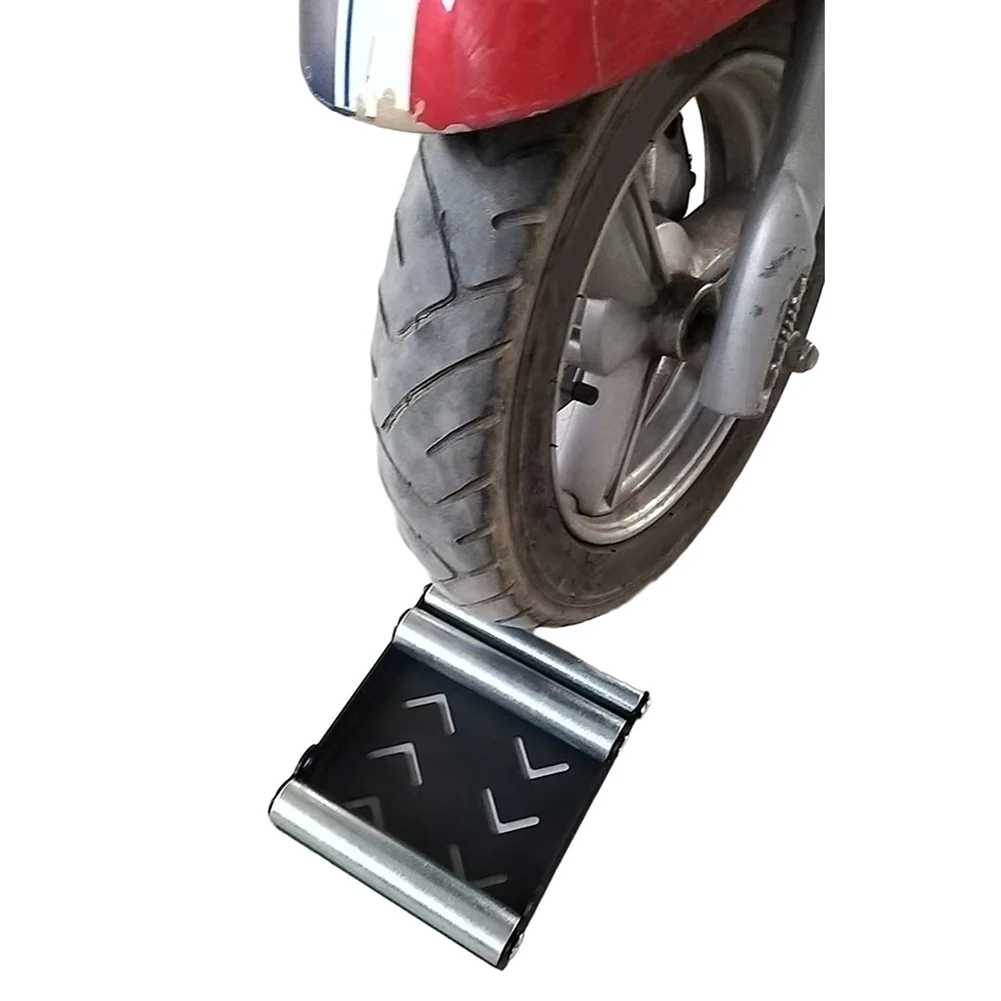 Metal Tire Wheel Cleaning Bracket Stand for Motorcycles Featuring Roller Ramp Lift Chain System and Stability Base