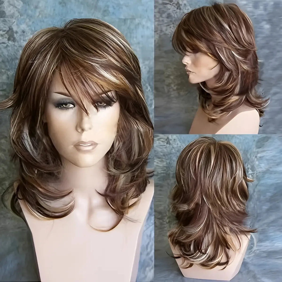 Women's -Looking Brown & Blonde Ombre/Gradient Full Synthetic Wig with Loose Wave Texture for Daily Use, Cap with Net Backing