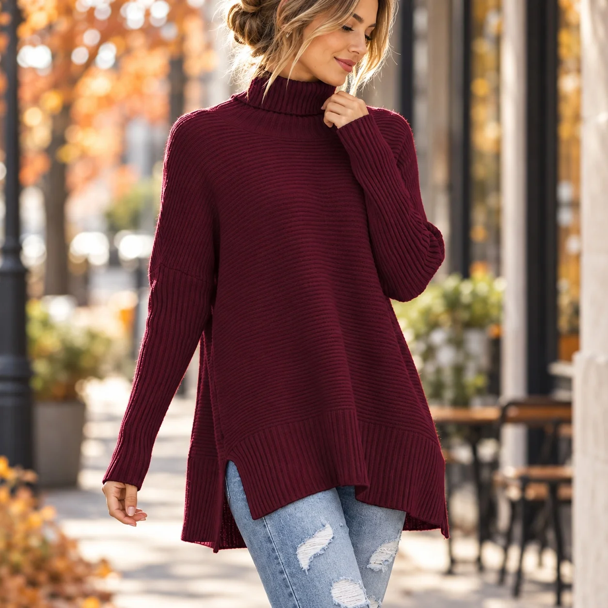 Ribbed Pullover Top Batwing Mid Length Elegant with No Button Closure Medium Weight Commuter Chic Heat Set Women Sweater