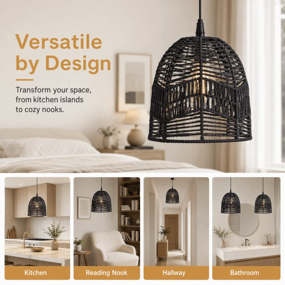 Handwoven Paper Rope Lamp Shade Natural Rattan Decorative Pendant Light Fixture Hand-Woven Bamboo Minimalist