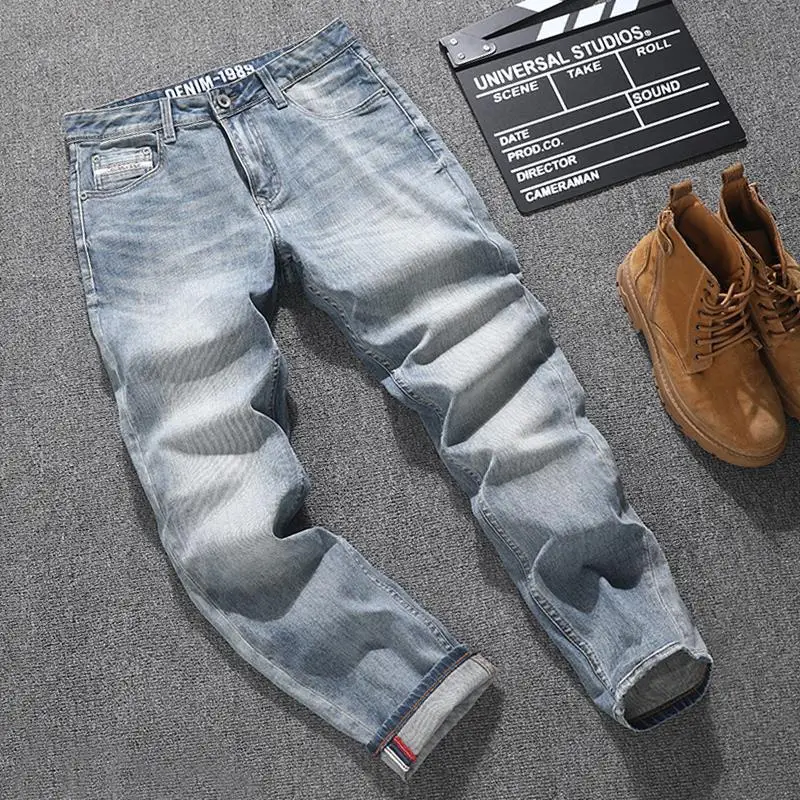 2025 New Nostalgic Grinding White Jeans for Men, High end Fashion Street Stretch Slimming Retro Made Denim Pants