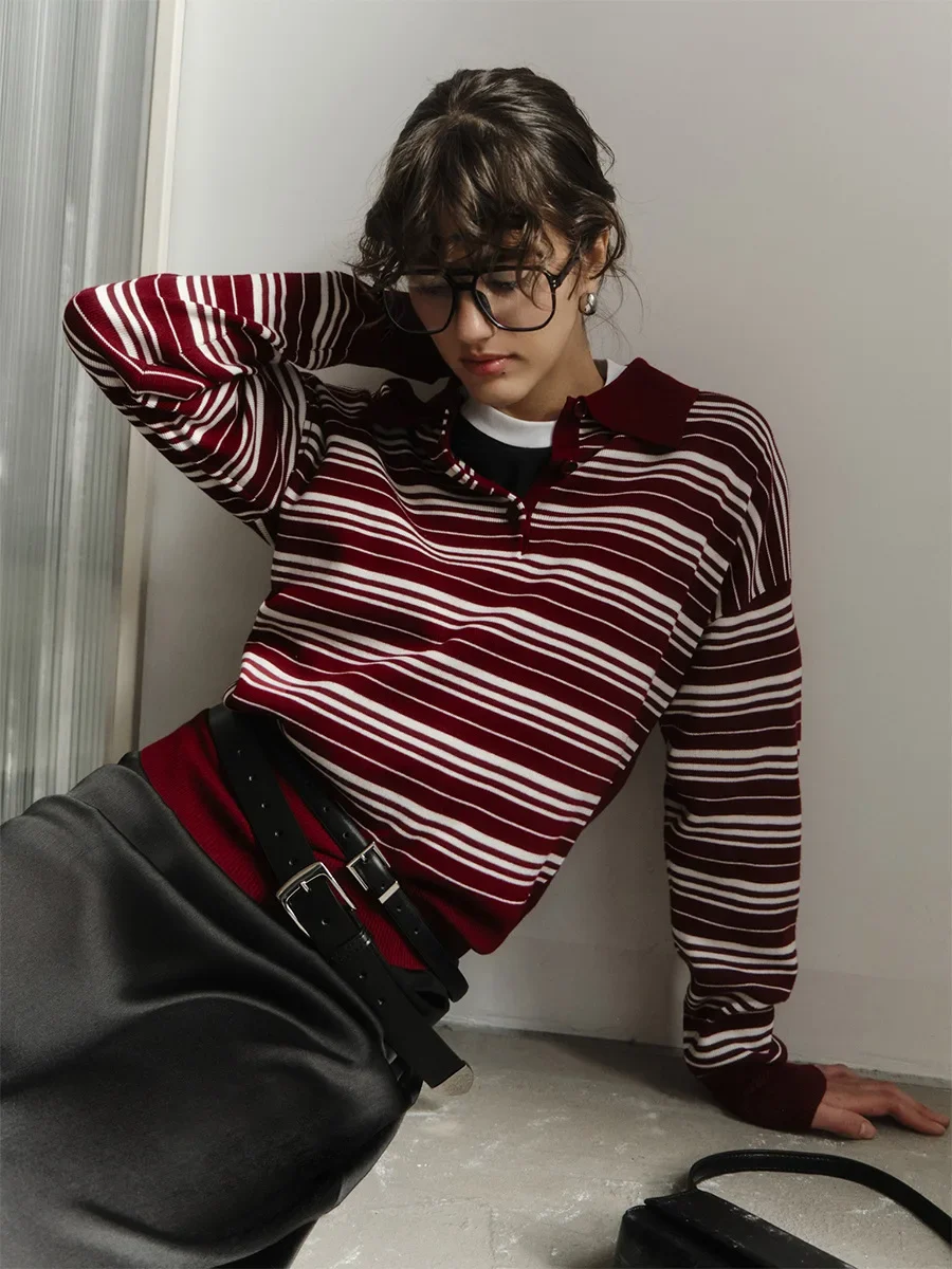 

Spring Summer Women Vintage Contrast Striped Knitted Polo Collar Long Sleeve T Shirt Fashion Casual Trend Top