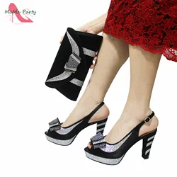 2021 Specials Design Black Color Nigerian Women Shoes and Bag Set High Quality Slingback Sandals with Appliques for Wedding