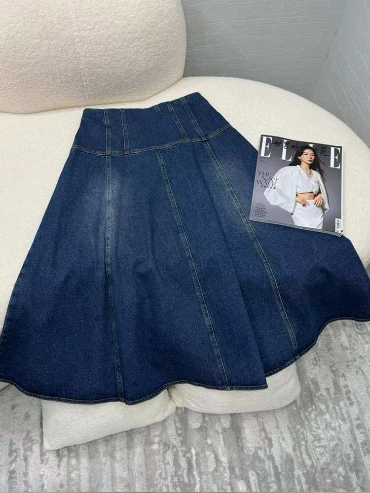 Jupe trapèze longue en denim bleu pour femme, jupe haute, tempérament, balançoire sauvage, nouvelle mode, automne et hiver 2024