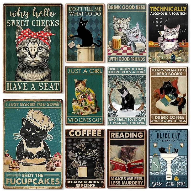 Vintage Metal Wall Decor Cat Metal Tin Sign Wash Your Paws Animal Metal Sign Decor Home Living Room Kitchen Cafe Bar Wall Decor