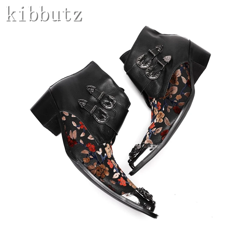 Black Patchwork Printing Men High Heels Boots Genuine Leather Metal Pointed Toe Ankle Boots British Style Dress Shoe