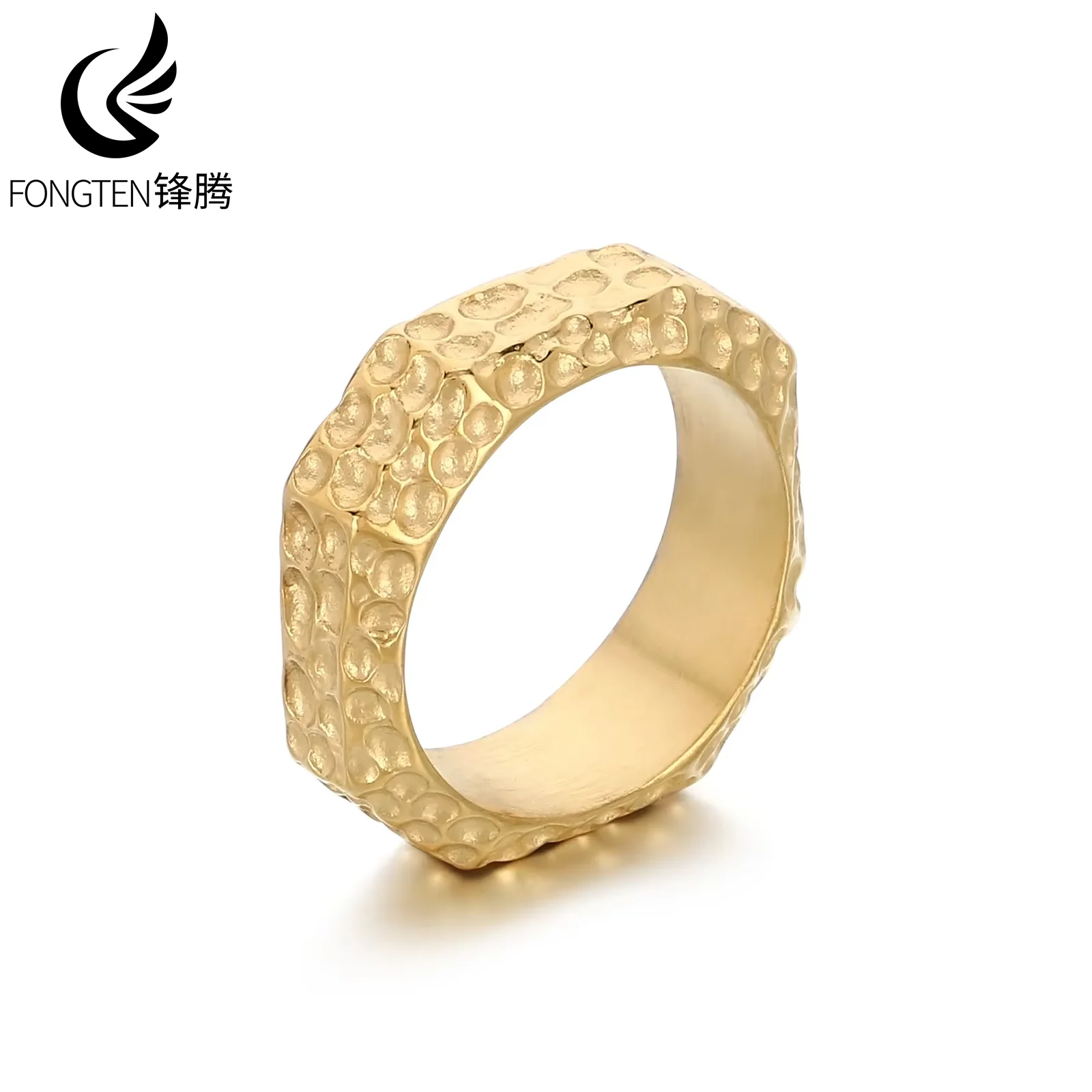 Fongten Fashion Men's Stainless Steel Rings Polygonal Vintage Hammer Pattern Wa…