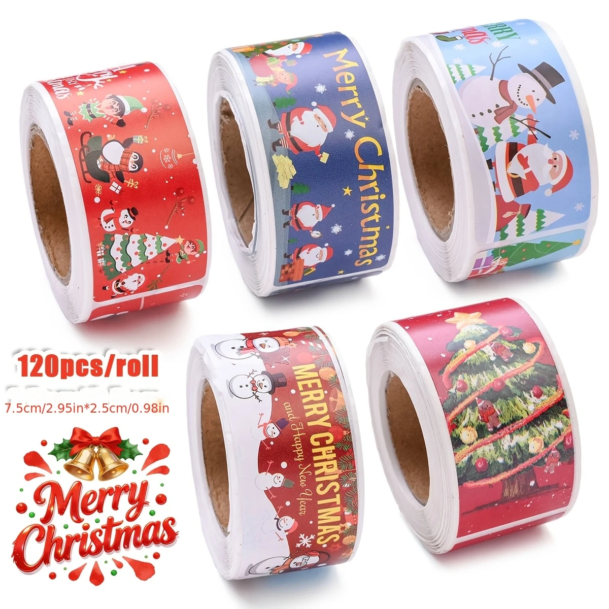 120 Pcs Long Strip Merry Christmas Doodle Sticker Roll For Baking Catering Packaging Candy Bags Flower Gift Boxes Decoration