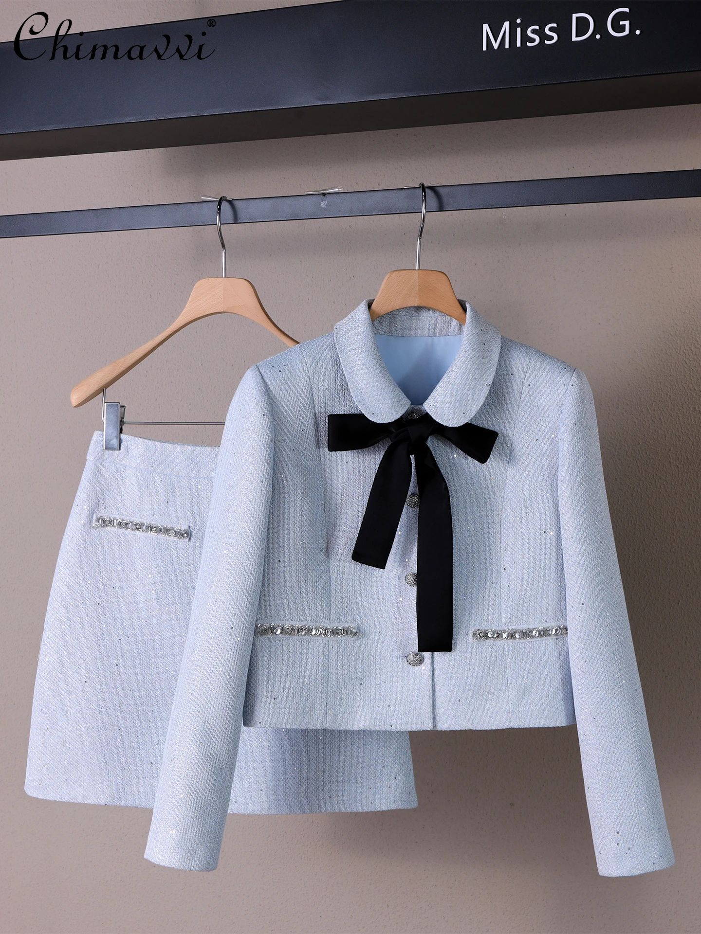 

Осень 2022, новый французский элитный модный комплект с юбкой с бантом, куртка с длинными рукавами, юбка с высокой талией, элегантный женский комплект из двух предметов