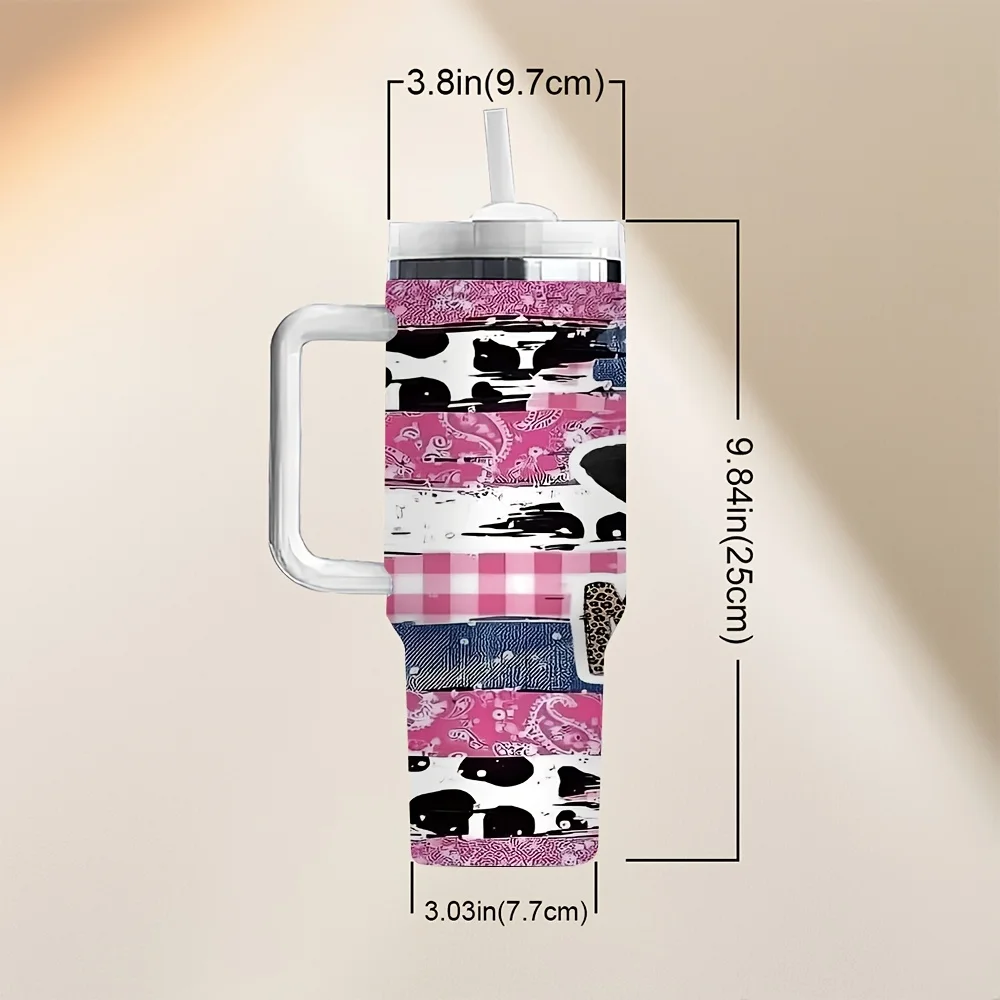 Western Style Cow Head Pink Bandana Plaid Bow Print Drinking Tumbler with Handle And Reusable Straw