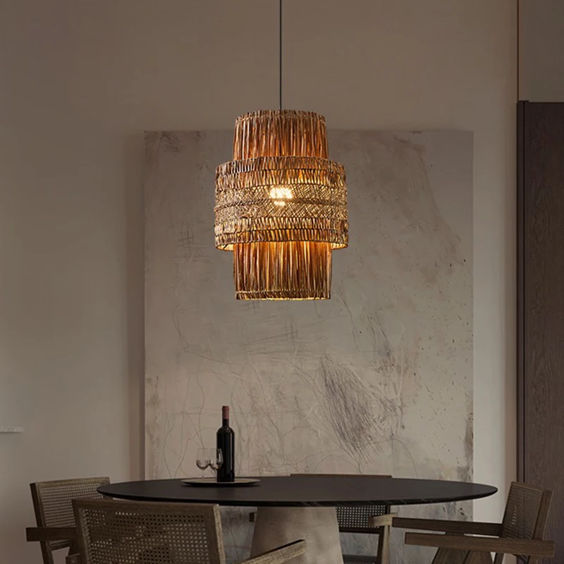 Wabi-sabi Style Retro Hand-woven Rattan Lamp Living Room Loft Minimalist Pendant Lights Kitchen Restaurant Suspension Luminaire