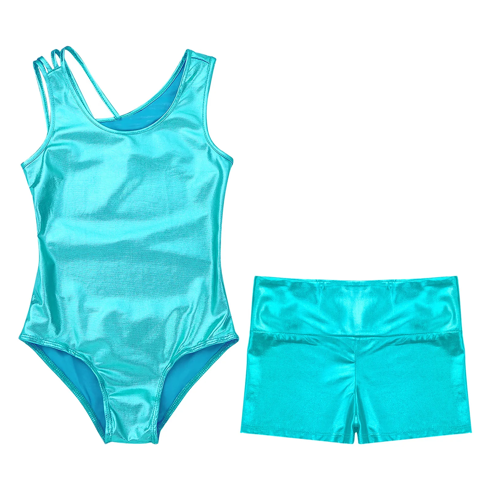 Conjunto de leotardo y pantalones cortos metálicos brillantes para niñas, trajes de baile de Ballet, mono de gimnasia, Ropa de baile de rendimiento