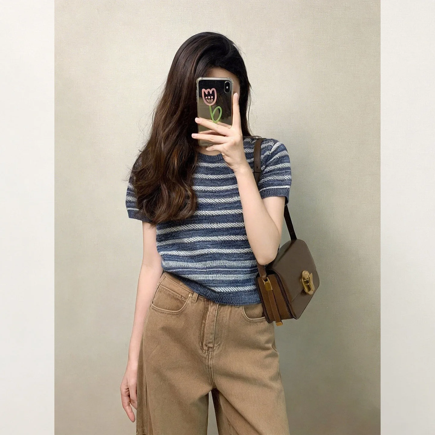 Blue Striped Knitted Short Sleeve T-Shirt Women's Summer Slim Fit Small Size Bubble Sleeve Top Casual round Neck Cotton Blend