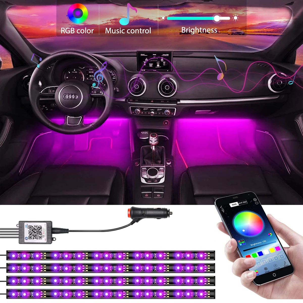 Car LED Lights Strip App Control RGB Neon Light Bar With Cigarette Lighter Music Sensor DIY Car Decoration Atmosphere Light 12V