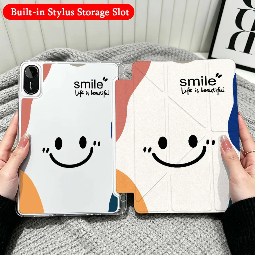 Cartoon Happy Face Art Case For Xiaomi Redmi Poco Pad 5 6 7 8 Pro SE 11 11.2 12.1 Inch Transparent Y-Shaped Folding Tablet