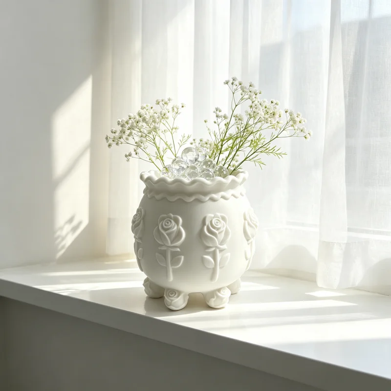 White Embossed Rose Six-Legged Vase, Decorative Flower Vessel with Wavy Edges, Girly Style Desktop Vase, Multifunctional Home Desktop Ornament, Suitable for Bedroom and Living Room