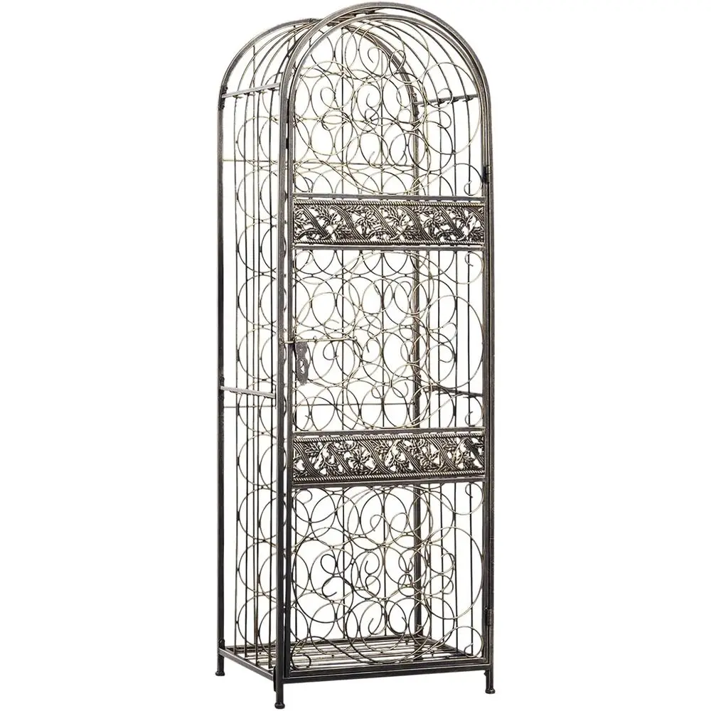 Antique Bronze 45-Bottle Wrought Iron Wine Rack with Lock