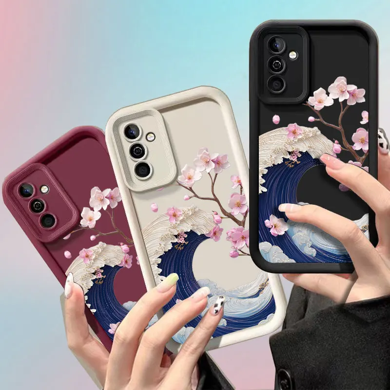 Wave Cherry Blossom Phone Case For Samsung Galaxy A53 A54 A55 A56 A57 A73 F06 F15 F16 F54 M06 M15 M16 M34 M54 M36 Soft Cover