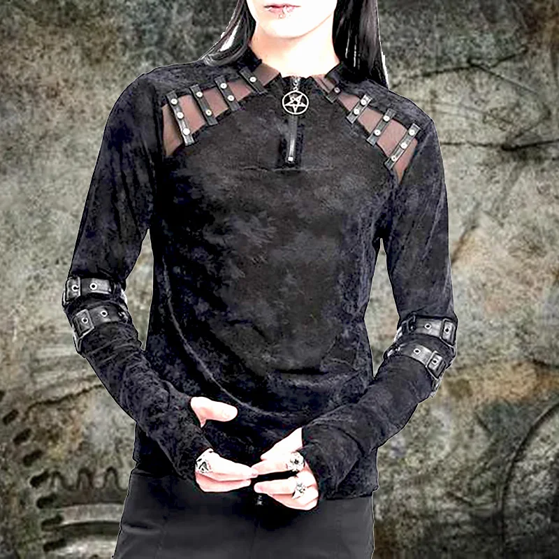 2025 Men's clothing. Gothic punk style tie up men's half zipper high neck T-shirt base shirt top