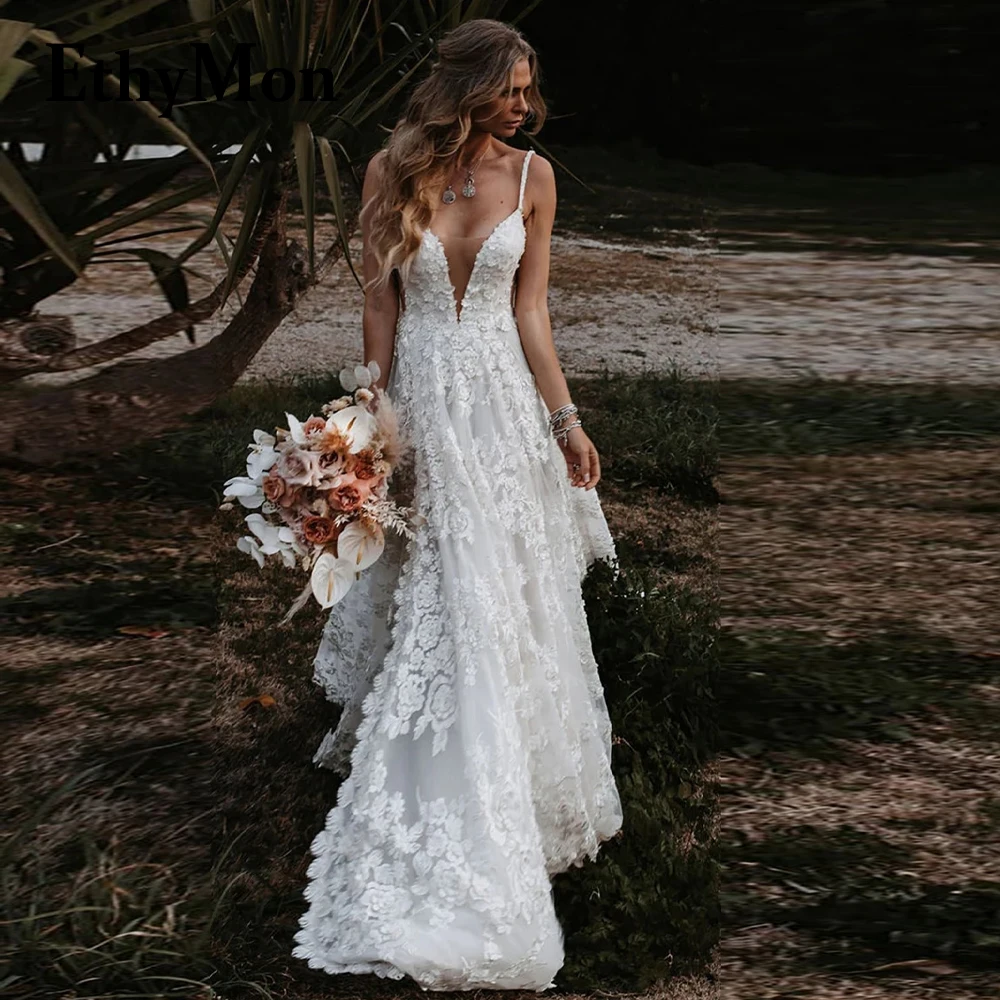 Modern Backless Wedding Gown with Lace Appliques