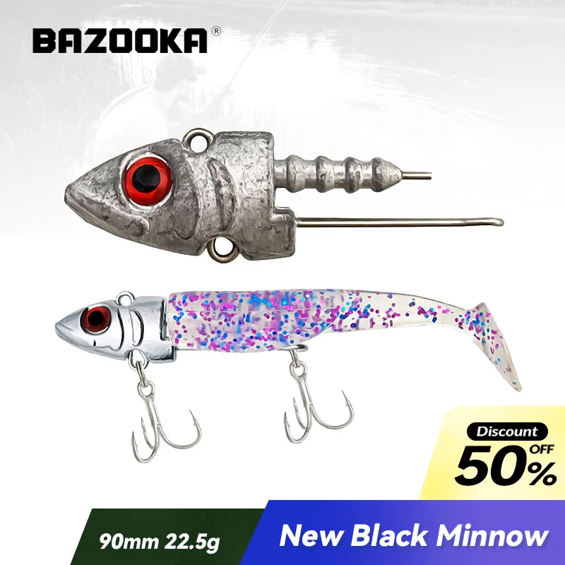 

Bazooka Black Minnow Fishing Soft Lure Jig Lead Head Wobbler Swimbait Silicone T Tail Perch Leurre Jighead Slow Bass Pike Winter