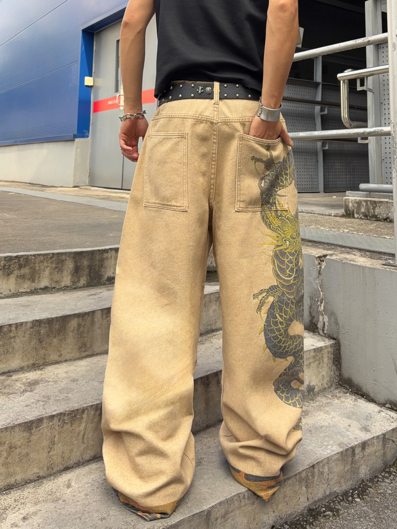 American Vintage Dragon Print Design Loose Wide-Leg Jeans Y2K Trendy Street Hip-Hop Versatile Long Pants With Halloween Vibes