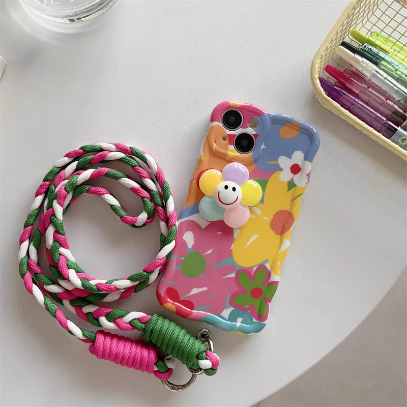 Color Crossbody Shoulder Strap Phone Case For iPhone 14 11 12 13 Pro Max 14pro Cover Korean Cute Flower Silicone Cases For Women