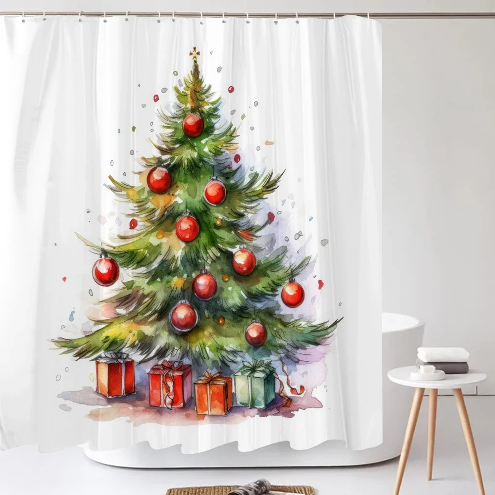 Christmas Shower Curtain Santa Claus Winter Christmas Tree Polyester Colorful Bath Curtain Home Bathroom Decor Curtain With Hook