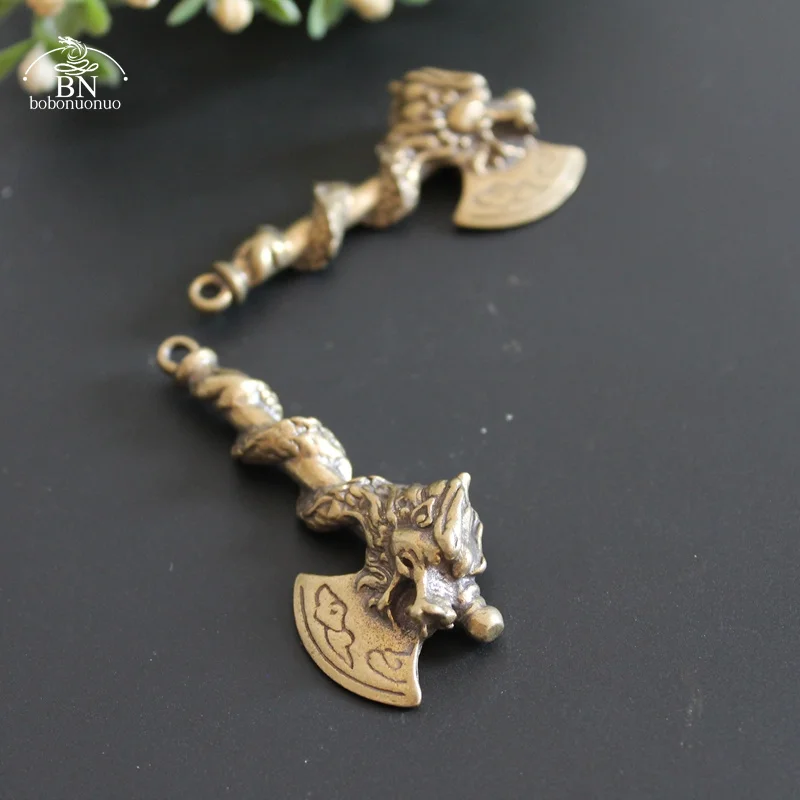 Antique Copper Chinese Ancient Dragon Head Axe Artifact Blessing Feng Shui Ornament Brass Figurines Desk Decoration Keychain Pen