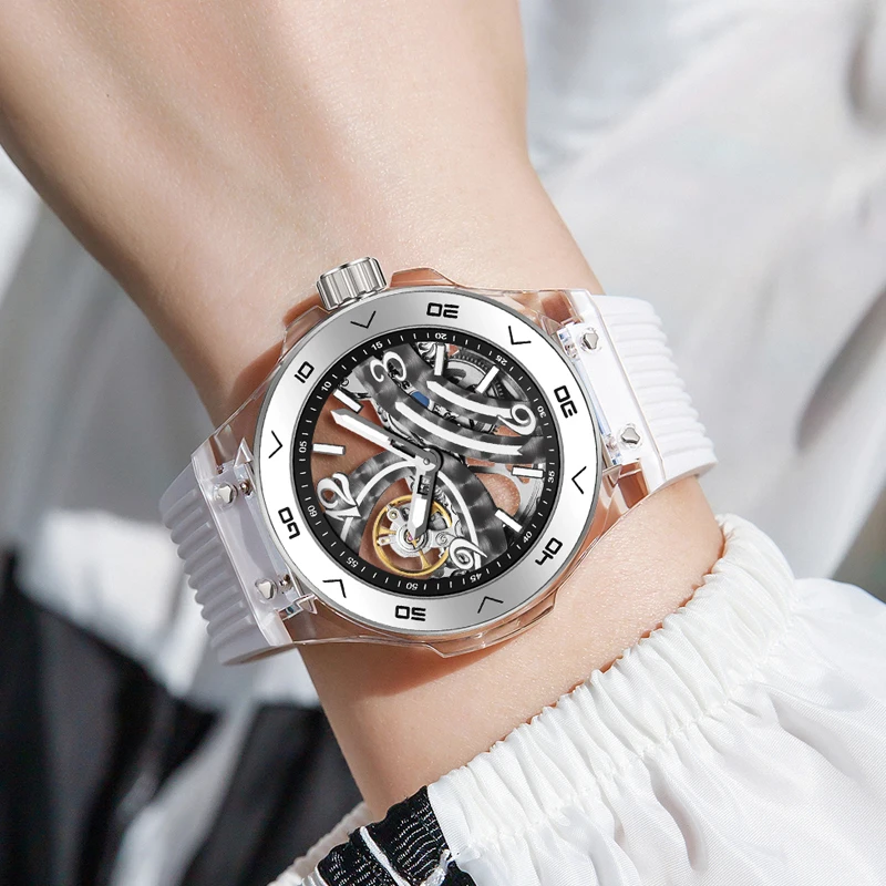 HANBORO New Luxury Men Watches Fashion Automatic Mechanical Man Wristwatch Skeleton Transparent case Luminous Watch for men
