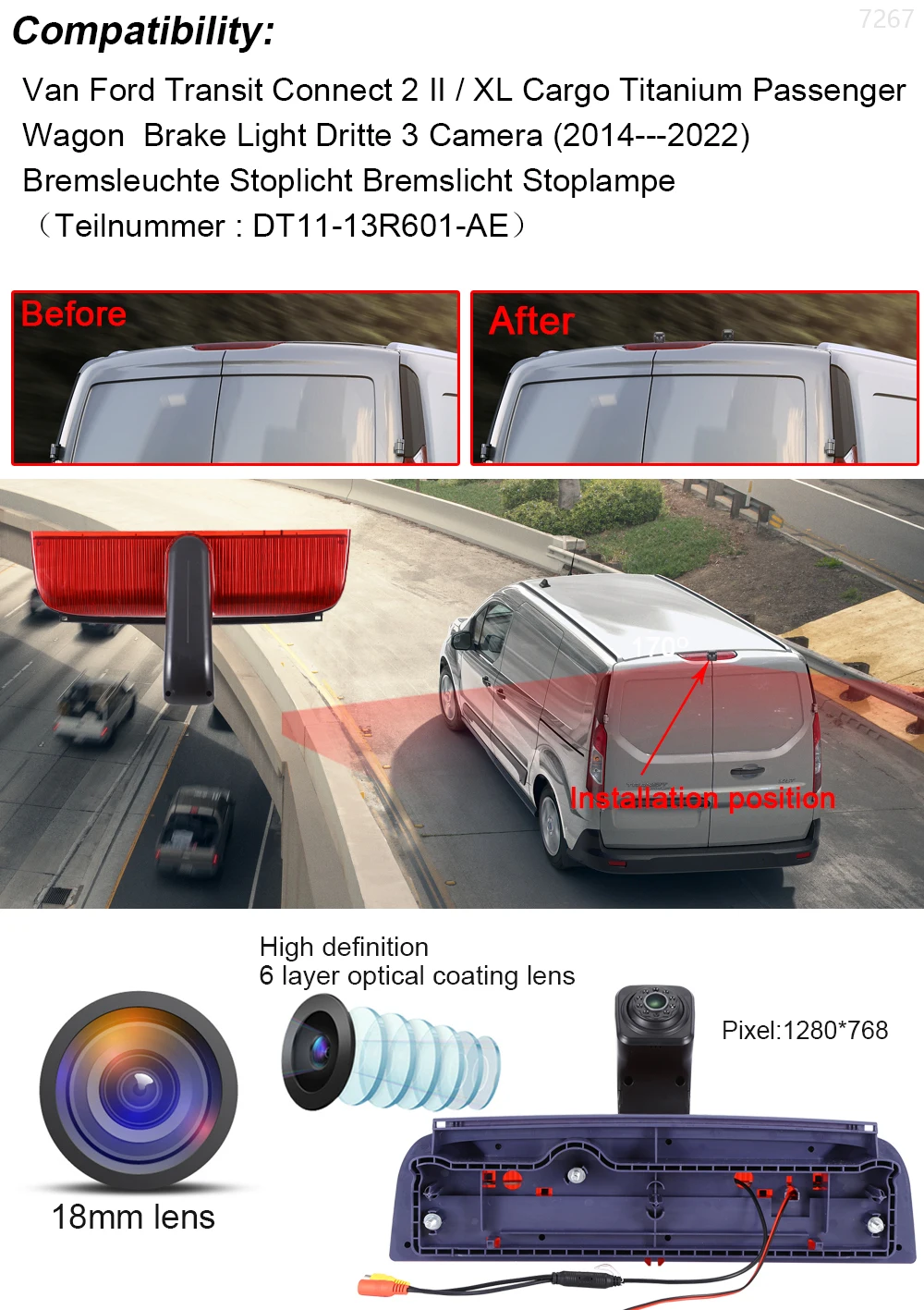 18mm lens Car reverse camera for Van Ford Transit Connect 2 II / XL Cargo Titanium Passenger Wagon Brake Light Dritte 3 Camera