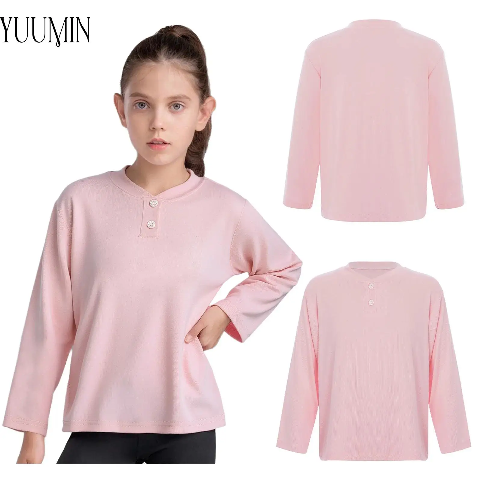 Kids Boys Girls Long Sleeves Button-Up Collar Solid Color T-shirt Lightweight Undershirt Homewear Loungewear for School Holiday