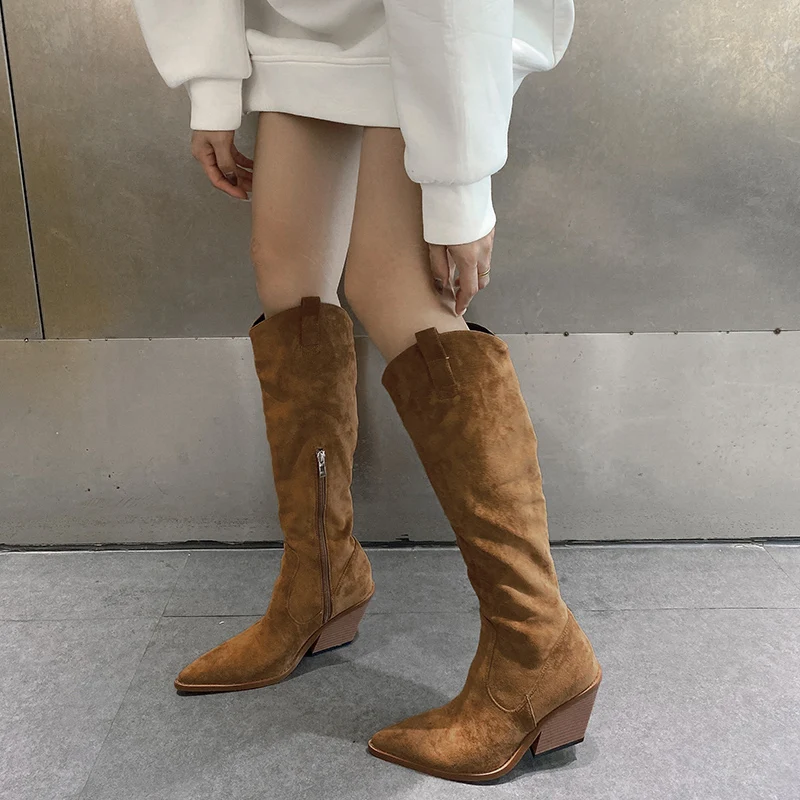 New Western Cowboy Knee-High Boots Women Pointed Toe Side Zipper Knight Boots High Heels Women Winter Boots Women Botines Mujer