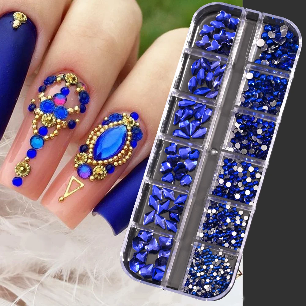 12 Roosters Groen Blauw Gemengd Maten Nail Art Steentjes Crystal Flatback Nail Charme Edelsteen Stenen Niet Hotfix Glitter Manicure Diamant