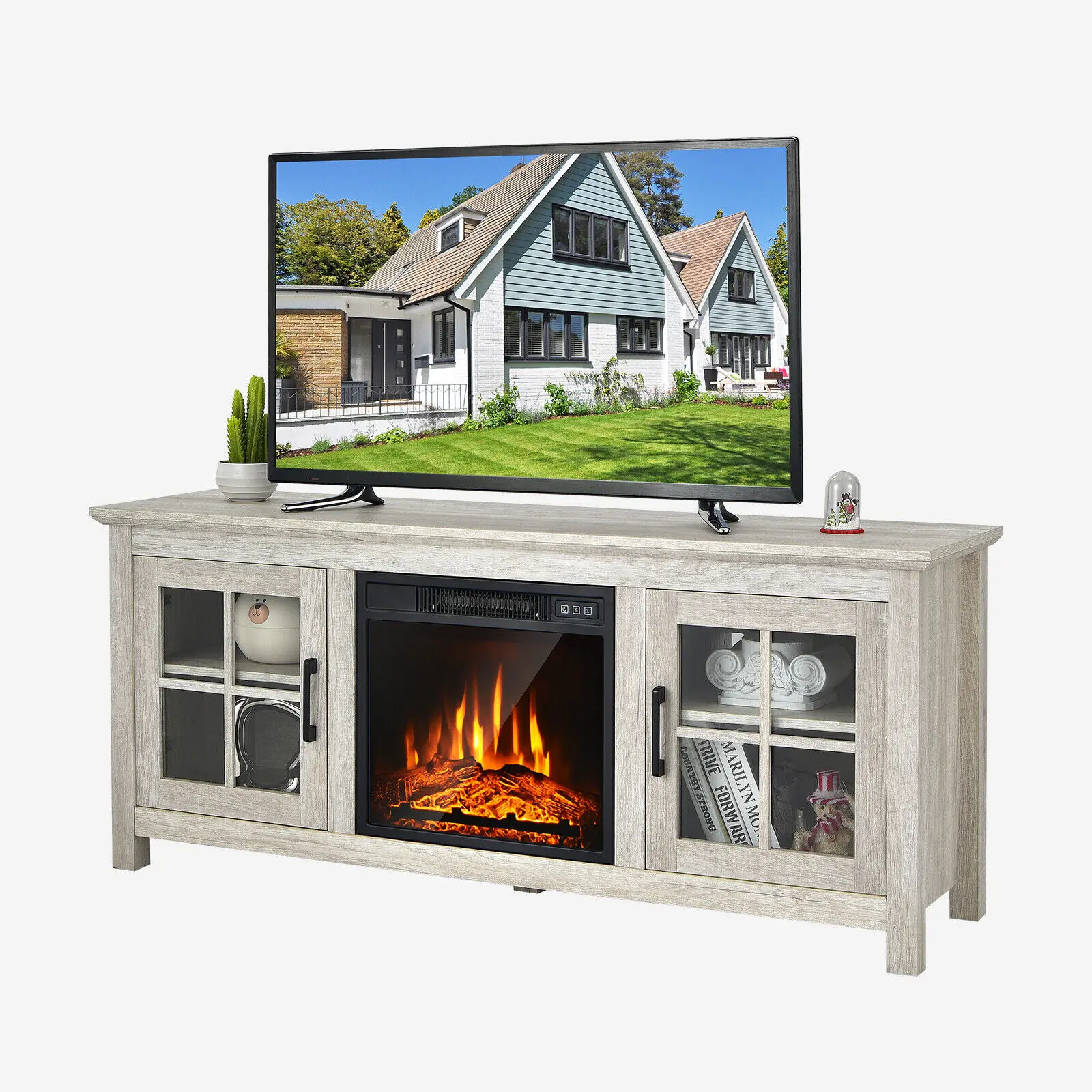 Costway 58 Inches Fireplace TV Stand for TVs up to 65 Inches W/ 1400W Electric fireplace