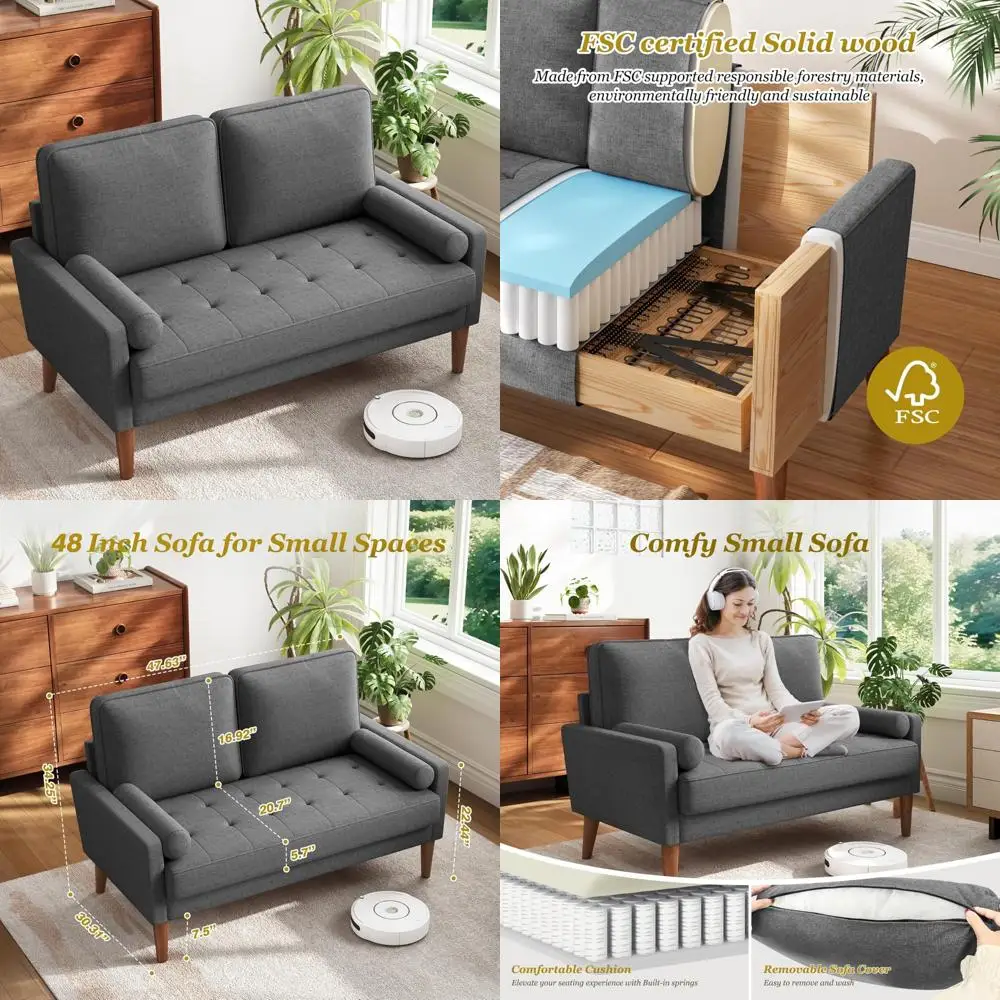 

Compact 48 Loveseat Sofa with Solid Wood Legs for Living Room and Bedroom, Ideal for Small Spaces, Easy Assembly
