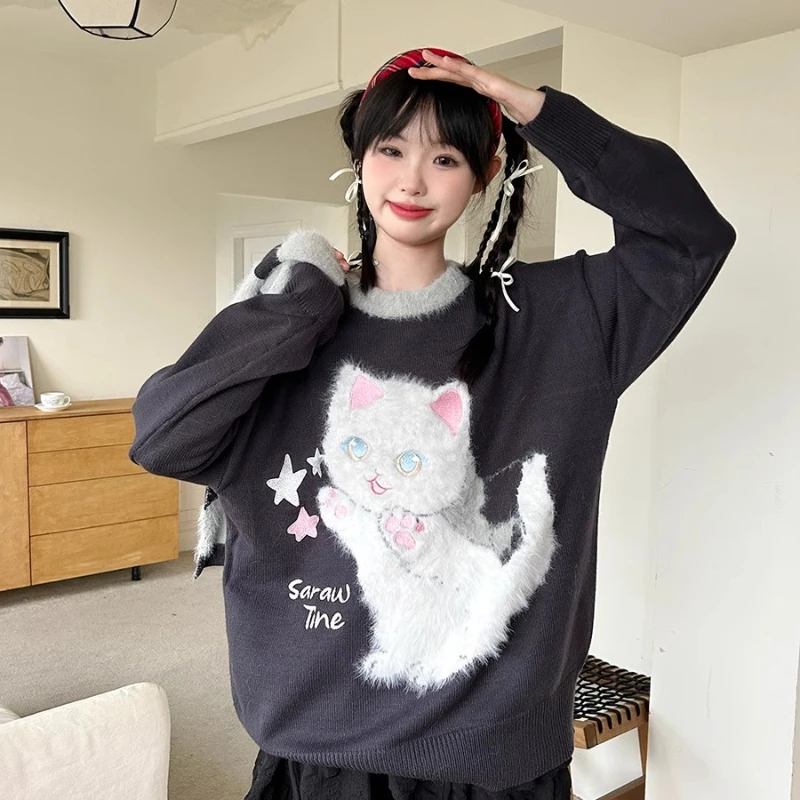 اليابانية الجديدة فتاة نمط فضفاض المرأة الحلو لطيف الخريف الشتاء الكرتون المطرزة البلوفرات رقيقة تنوعا سترة السيدات