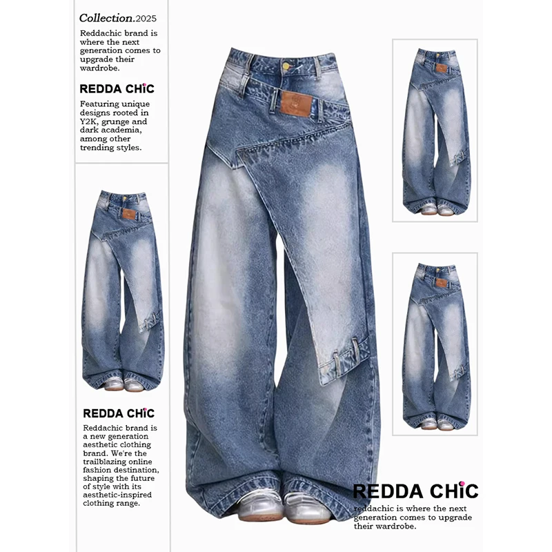 ReddaChic Women Skirt Overlay Straight Jeans Trendy Distressed Patchwork Asymmetrical Denim Wide Leg Trousers Korea Streetwear