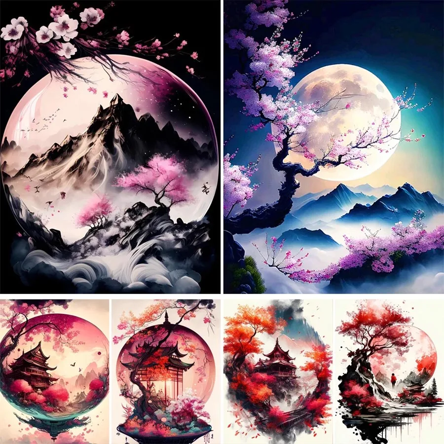 Kiraz Çiçekleri ve Ay 5D Diy Elmas Nakış soyut fantezi manzaralı Elmas Boyama Çapraz dikiş İğne Çalışmaları Ev Dekor