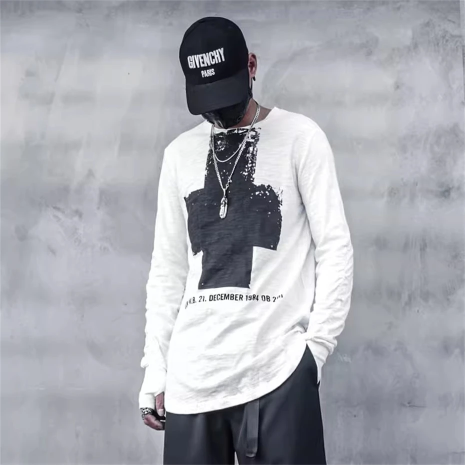 Hip Hop Long Sleeve T-Shirt Men 2025 Spring Cross Personalized Graphic T Shirts Streetwear Tops Tees Black Harajuku TShirt