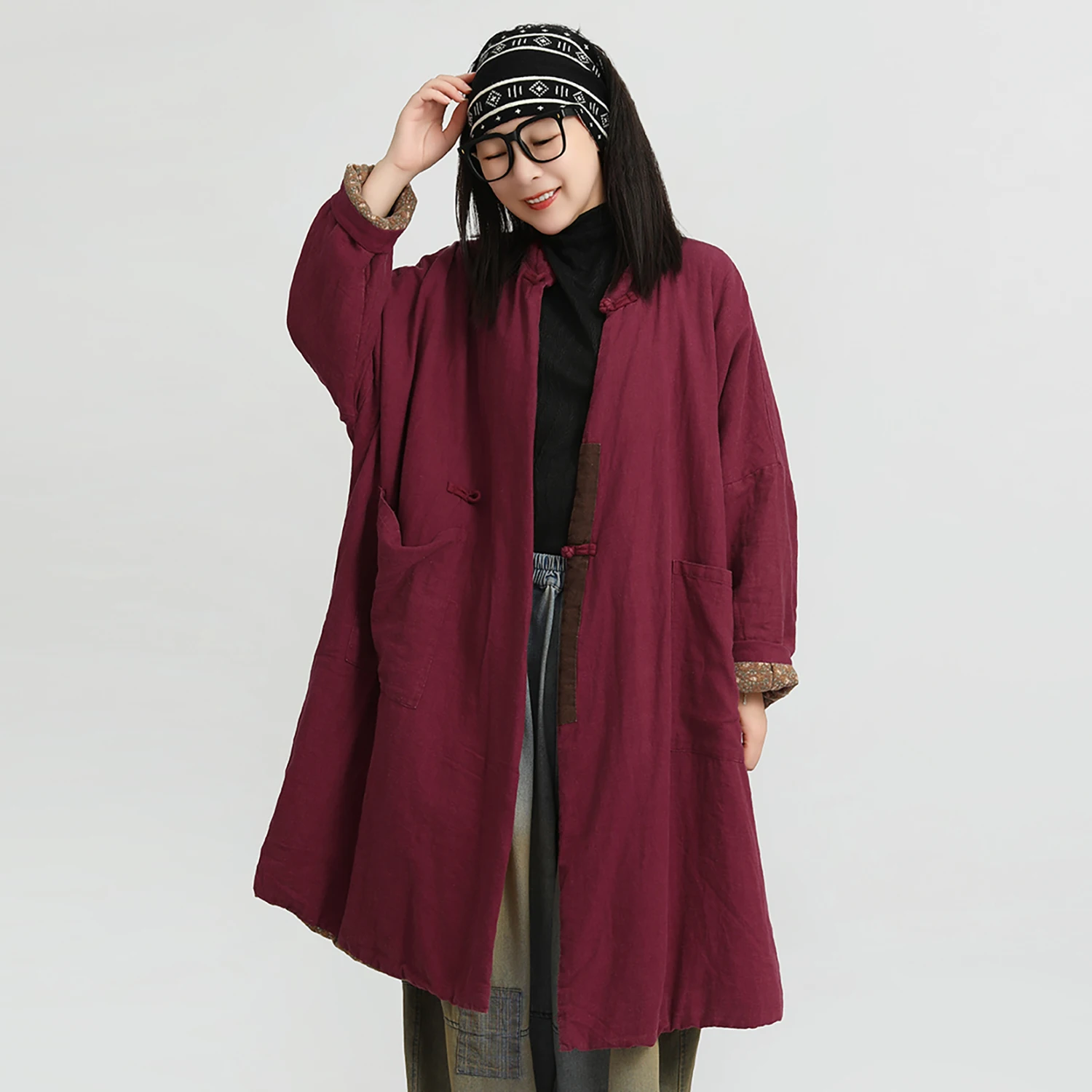 LZJN المرأة الشتاء بلون القطن الكتان خمر Arty فضفاض منتصف طول مبطن الوقوف طوق الضفدع زر معطف الموضة الدافئة #4