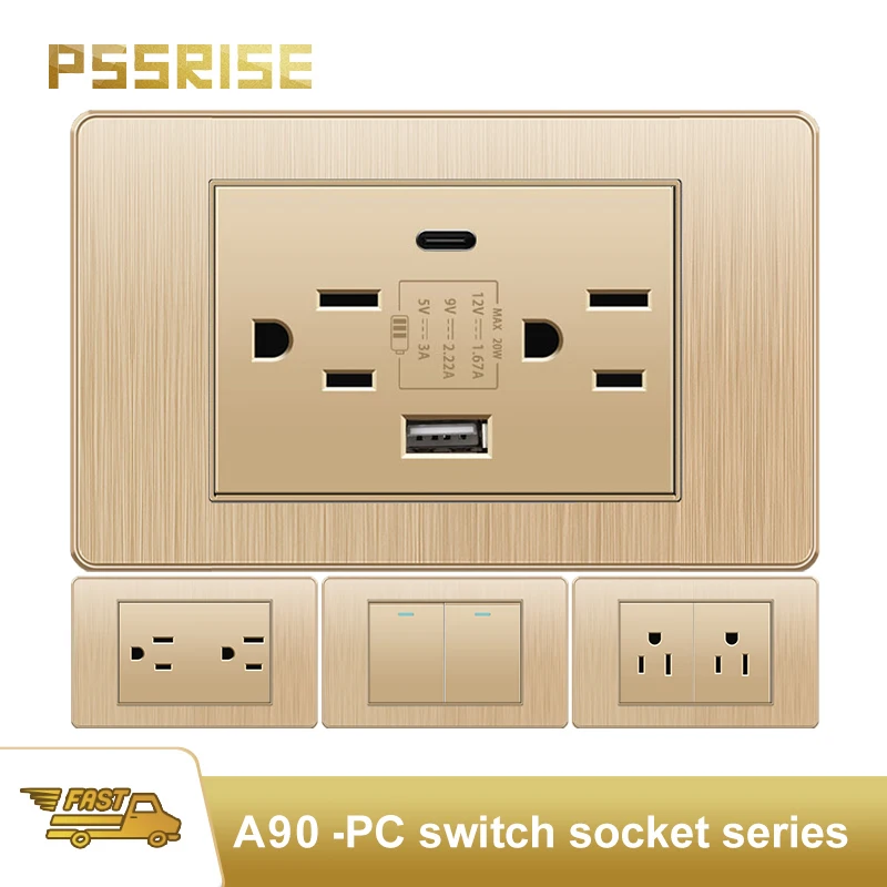 

PSSRISE Gold PC Brushed America Thailand USB Type C Fast Charging Socket Universal Light Switch TV Tel Doorbell 16A 20A 118*72mm
